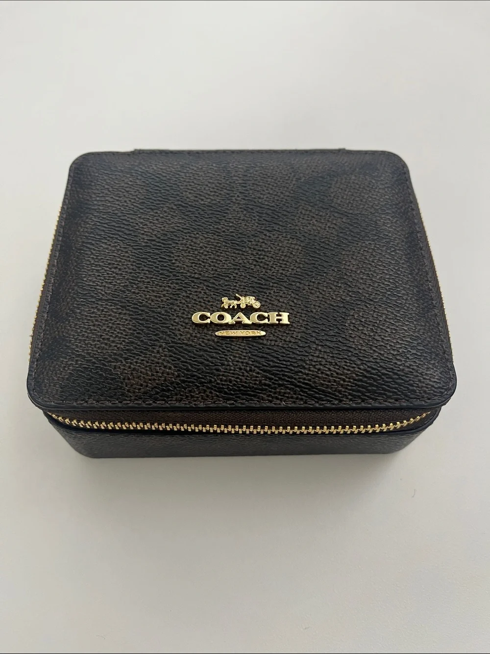 Coach Walnut Black Canvas & Leather Signature Coated Jewelry Case with Gold Logo